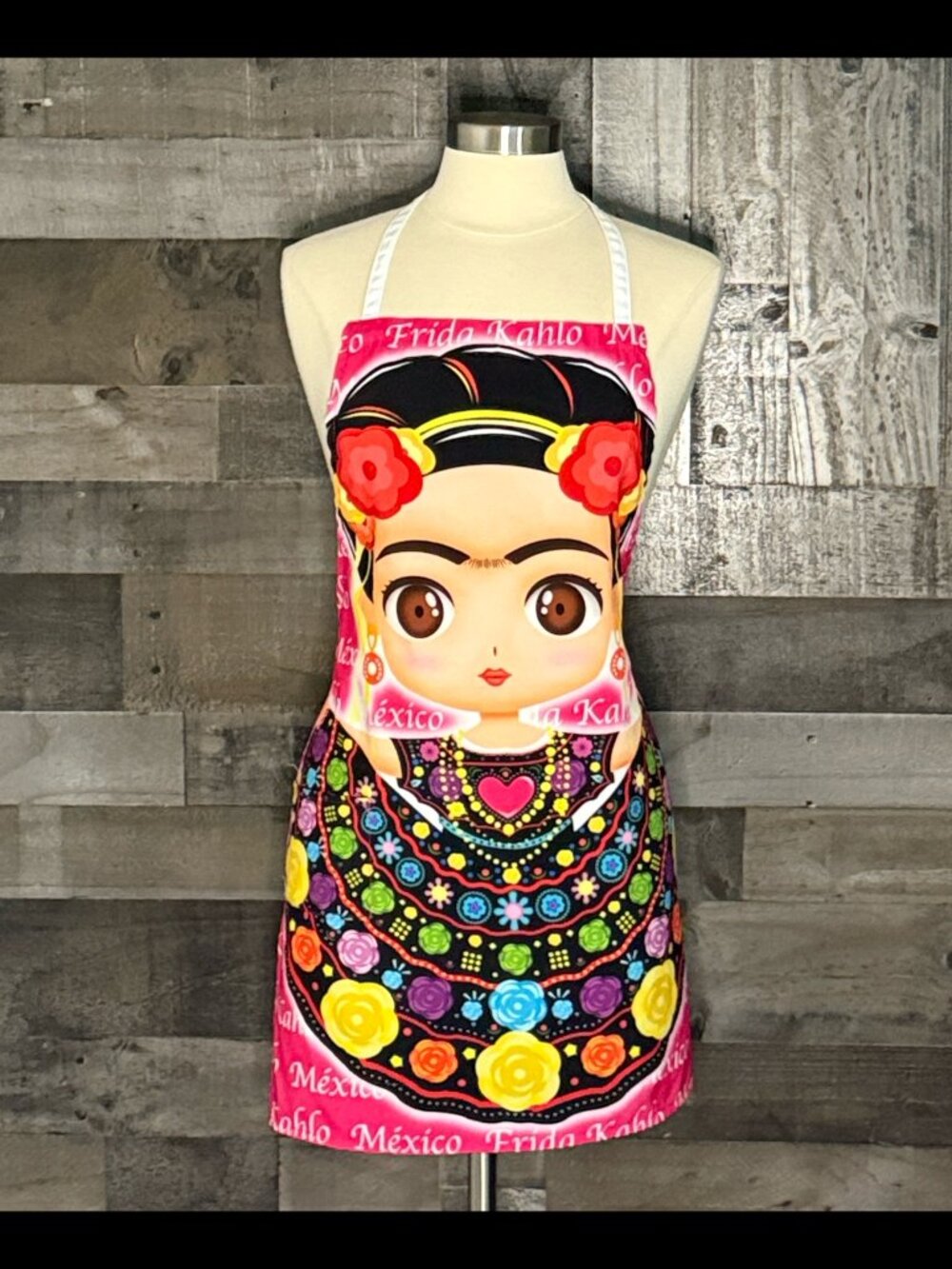 Frida Kahlo hot pink apron OS fiesta Mexican Artist rainbow floral cooking gift